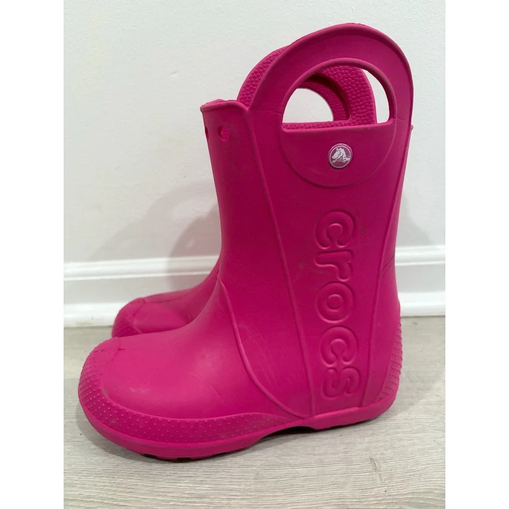 Crocs Handle It Rain Boots Kids Junior Size 2 Candy Pink Waterproof Pull On J2